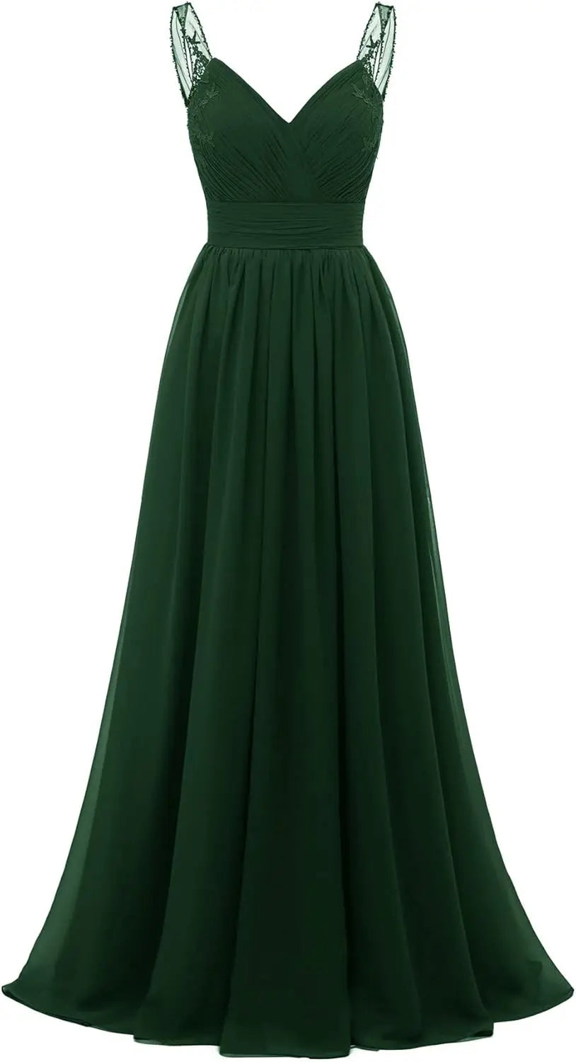 Chiffon-Spitze Brautjungfernkleider lang für Damen V-Ausschnitt Plissee Tüll Träger A-Linie Abschlussball Abend Hochzeit formelle Kleider 