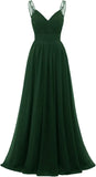 Chiffon-Spitze Brautjungfernkleider lang für Damen V-Ausschnitt Plissee Tüll Träger A-Linie Abschlussball Abend Hochzeit formelle Kleider 