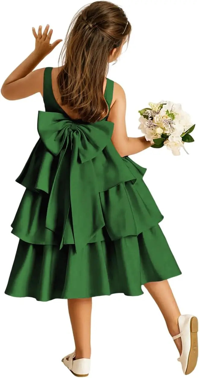 Girls Crewneck Layers Flower Girl Satin Pageant Dress with Bow Knot Backless Birthday Party Formal Dress princess dress