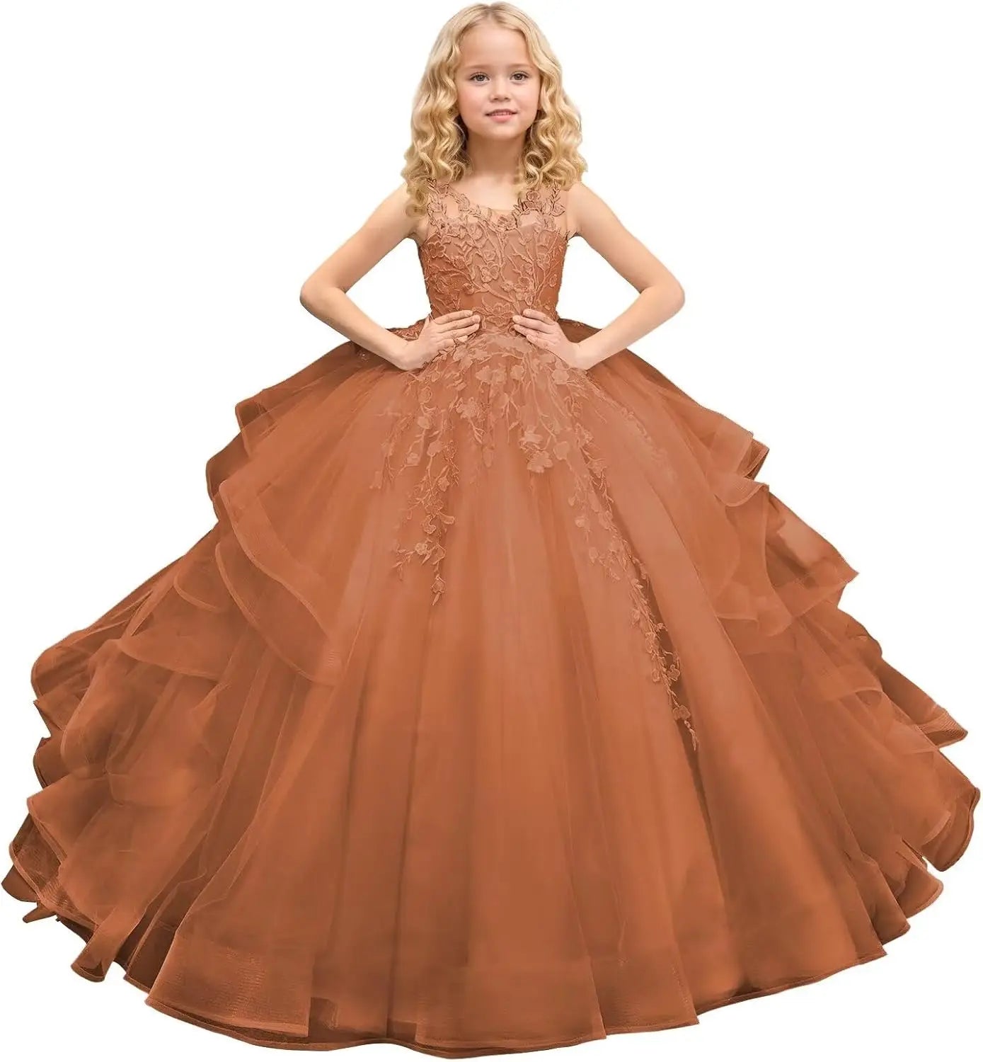 Tüll Prinzessin Ärmellose Festzugskleider Lange Spitze Applique Blumenmädchen Kleid Kinder Geburtstagsparty Ballkleid Festzugskleider 