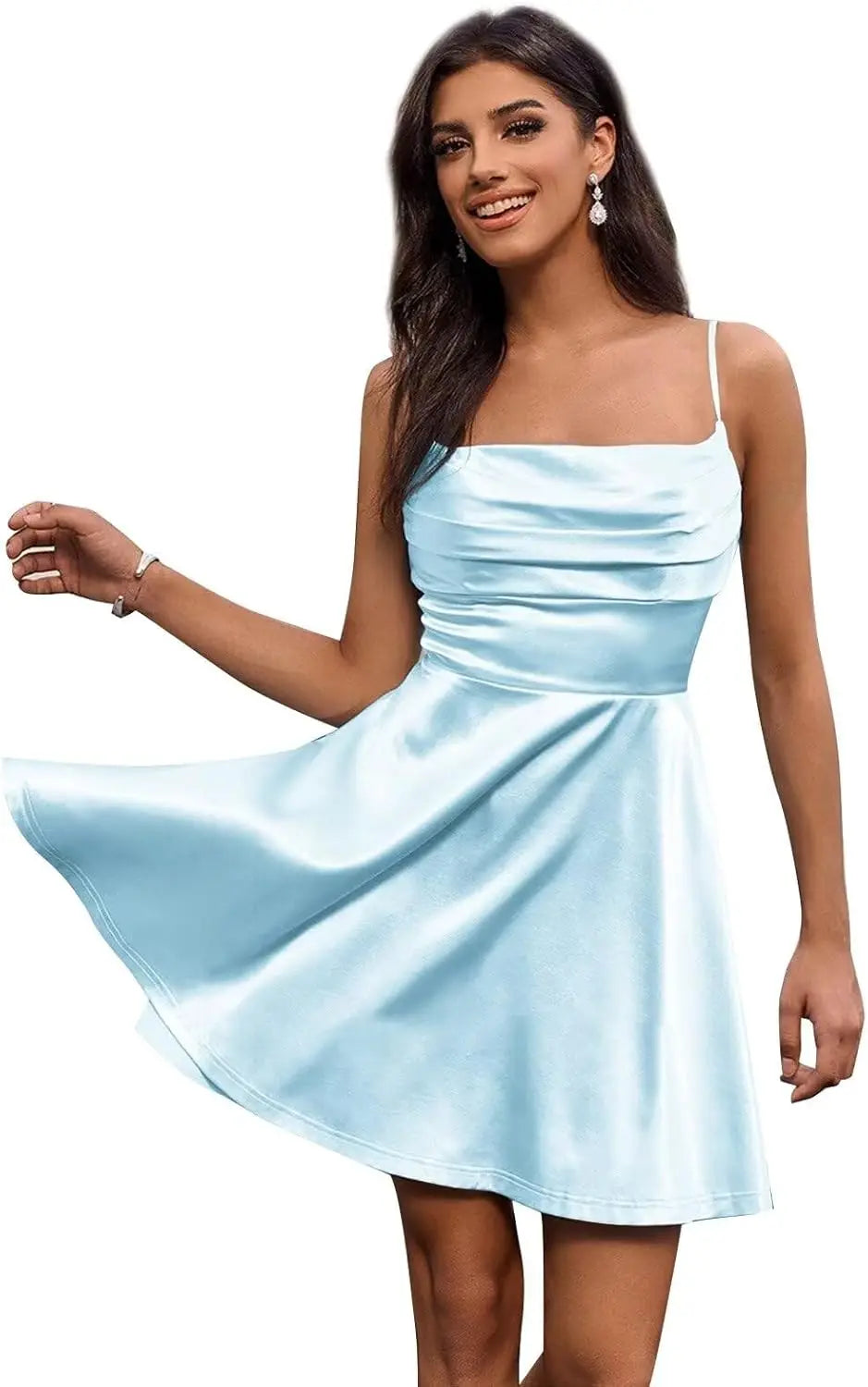 Satin Homecoming Kleider Kurze Spaghettiträger Ballkleid Wasserfallausschnitt A-Linie Cocktail Party Kleider Minikleid 