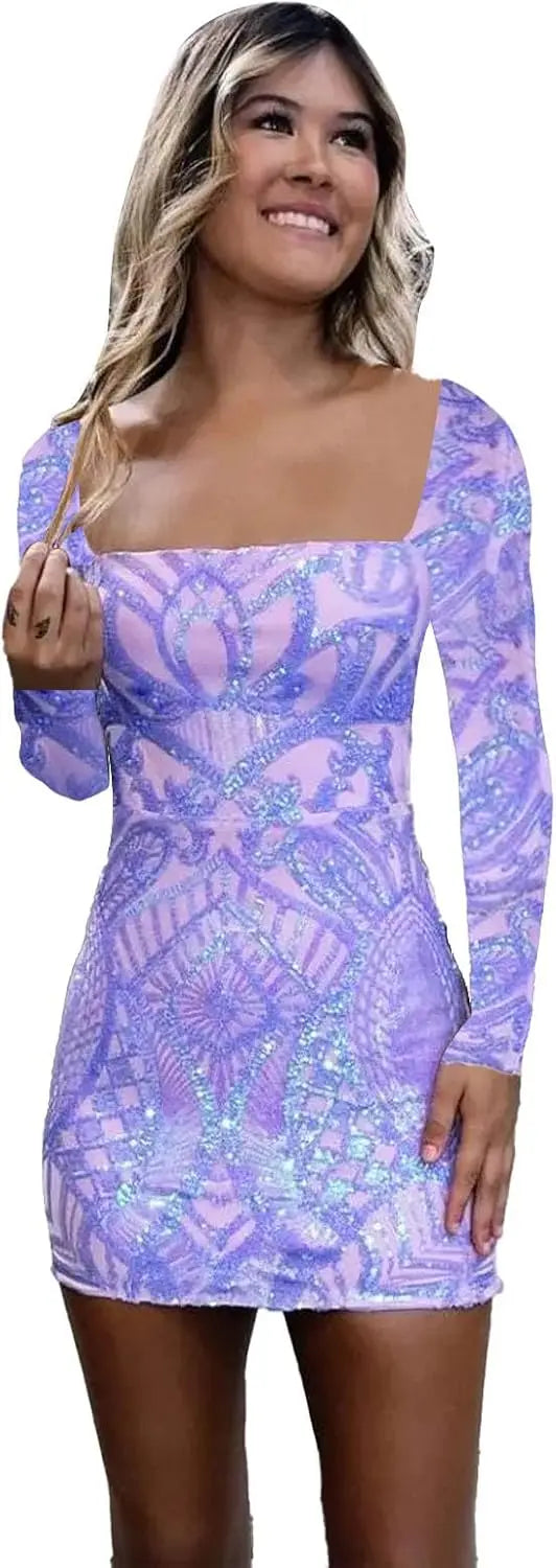 Vestidos de fiesta de manga larga con lentejuelas y encaje para mujer, cortos, ajustados, brillantes, con escote cuadrado, para cóctel o fiesta. 