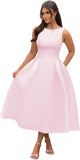 Vestidos de fiesta de satén con cuello barco y midi, largos hasta la rodilla, espalda escotada, corte en A, vestidos formales de noche para fiesta, vestido de cóctel y fiesta 