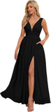 Vestidos de dama de honor con abertura y escote en V, vestidos de fiesta, línea A, plisados, para invitada de boda con bolsillos 
