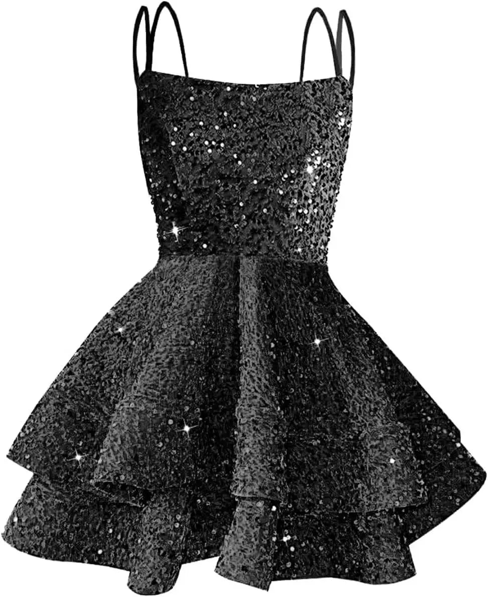 Hübsches, funkelndes Pailletten-Heimkehrkleid für Teenager, kurzes, gestuftes Ballkleid mit quadratischem Ausschnitt und A-Linie, Cocktail-Club-Partykleid 