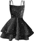 Hübsches, funkelndes Pailletten-Heimkehrkleid für Teenager, kurzes, gestuftes Ballkleid mit quadratischem Ausschnitt und A-Linie, Cocktail-Club-Partykleid 