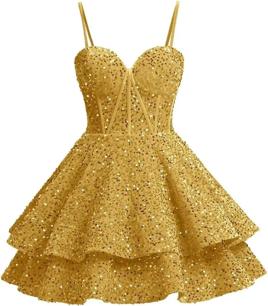 Vestidos de fiesta de graduación con lentejuelas brillantes para adolescentes, tirantes finos, corsé, vestido de cóctel con capas brillantes 