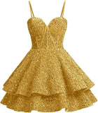 Vestidos de fiesta de graduación con lentejuelas brillantes para adolescentes, tirantes finos, corsé, vestido de cóctel con capas brillantes 
