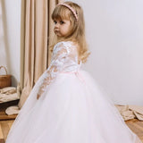Vestidos de princesa para niña de las flores, con apliques de tul blanco y cinta rosa, manga larga para bodas, fiestas, cumpleaños y comuniones. 