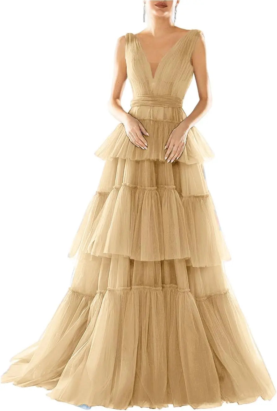 Vestidos de fiesta largos con escote en V doble para mujer, 2025, de tul escalonado, corte A, plisados, formales, para fiesta de noche. 