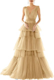 Vestidos de fiesta largos con escote en V doble para mujer, 2025, de tul escalonado, corte A, plisados, formales, para fiesta de noche. 