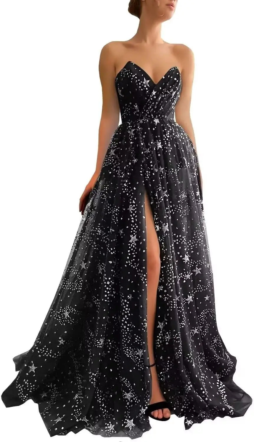 Vestidos de fiesta de tul con estrellas y brillo para mujer, sin tirantes, con abertura, formales, para noche y fiesta 