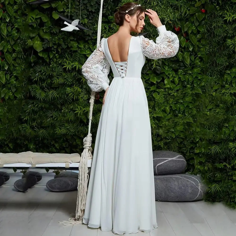 Langärmliges Brautjungfernkleid, Chiffon, Ballkleid, langes Hochzeitskleid mit Spitzenapplikation, V-Ausschnitt, formelle Kleider mit Schlitz 