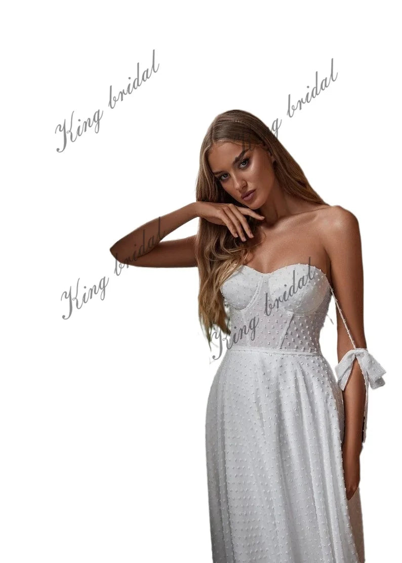 Bustier Gepunktetes seidiges Chiffonkleid Abnehmbare lange Ärmel Brautkleid Minimalistisches Hochzeitskleid Boho Custom Hochzeitskleid 
