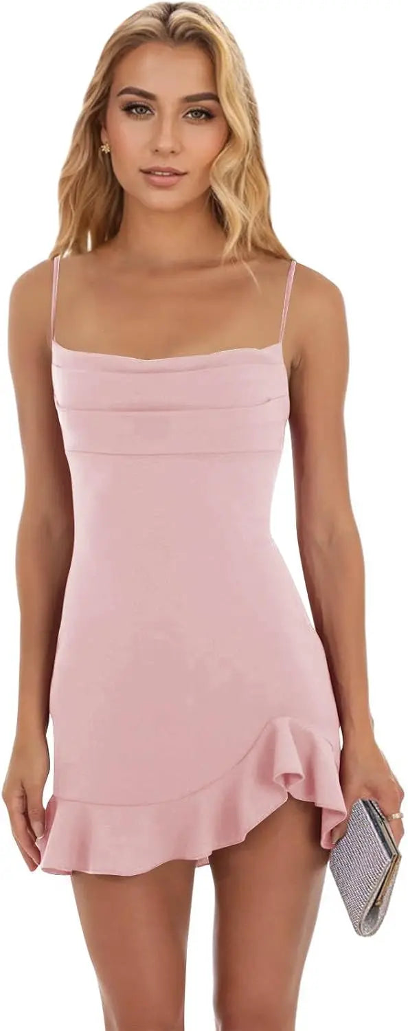 Vestidos cortos de fiesta ajustados para mujer, con tirantes finos y bajo con volantes, para cóctel y club. 