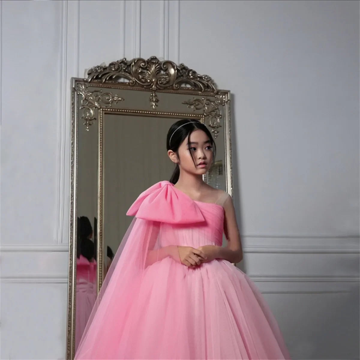 With Bow Tulle Ribbon Tea Length Girl Kids Birthday Party First Holy Communion Gowns Elegant Flower Girl Dresses for Wedding