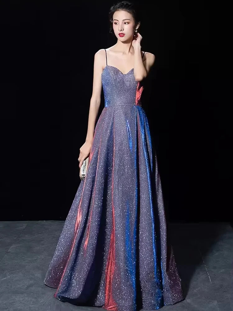 Elegant Glitter Banquet Dresses Women Fashion Spaghetti Straps Slimming Starry Sky Evening Party Dress Sexy Gown Prom Dress