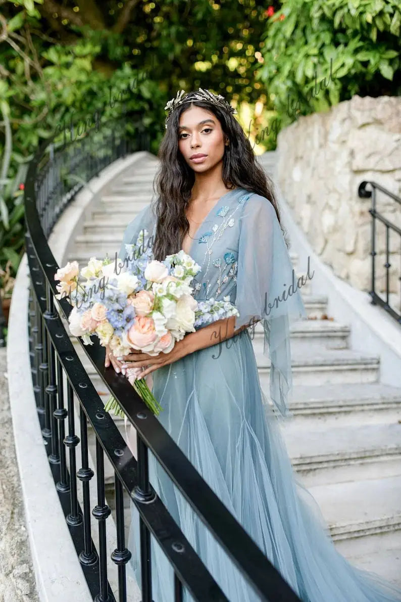 Ethereal wedding dresses Pale dark blue wedding gown Full gown Airy s Ethereal wedding dresses Pale dark blue wedding gown Full gown Airy s