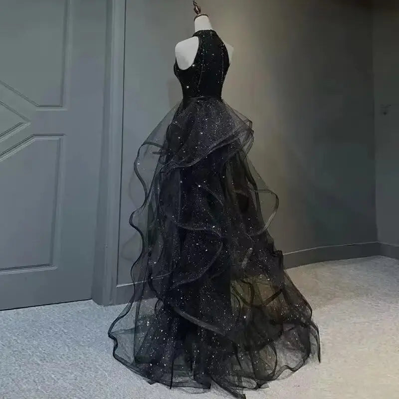Vestidos de fiesta con lentejuelas y cuello halter, hechos a medida, con capa, 2025, de tul brillante, con abertura en forma de A, para boda, noche y fiesta. 