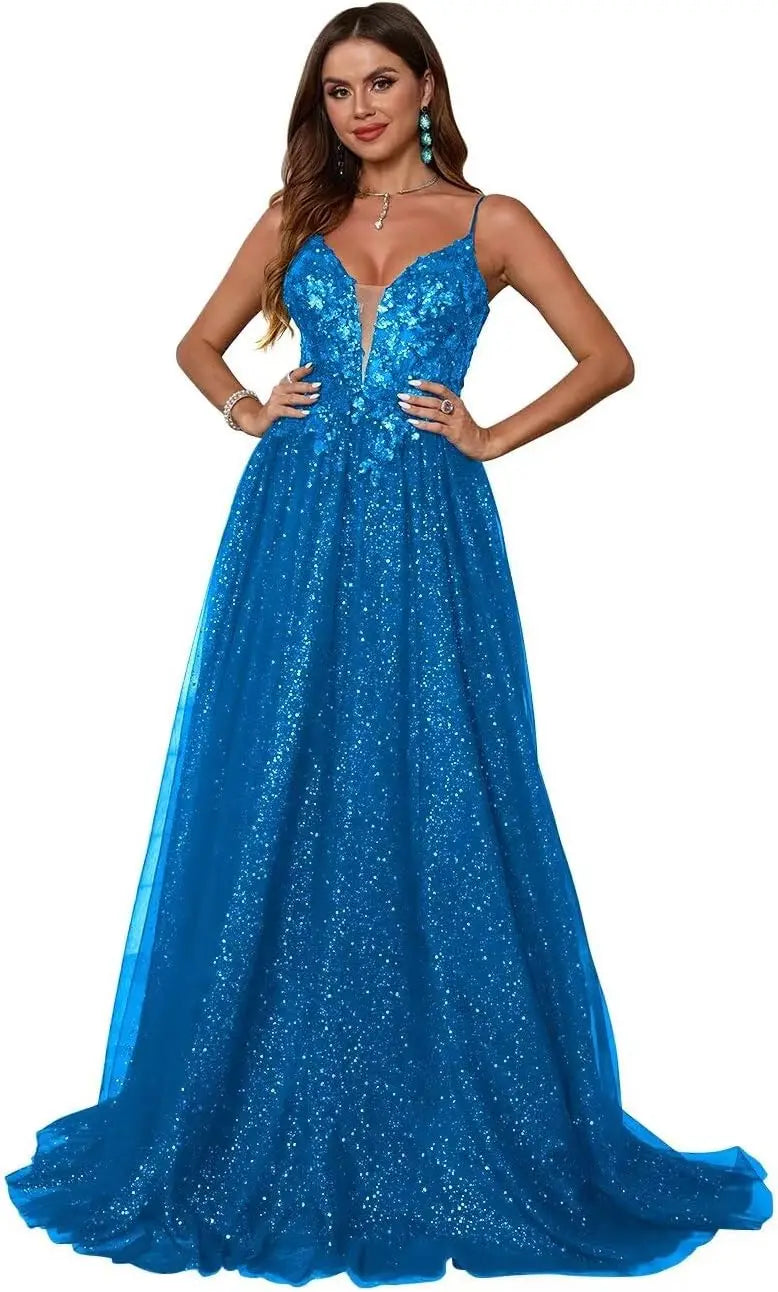 Glitzerndes Tüll-Ballkleid für Damen, Spaghettiträger, tiefer V-Ausschnitt, Spitzenapplikationen, Ballkleid, langes A-Linien-Abendkleid 