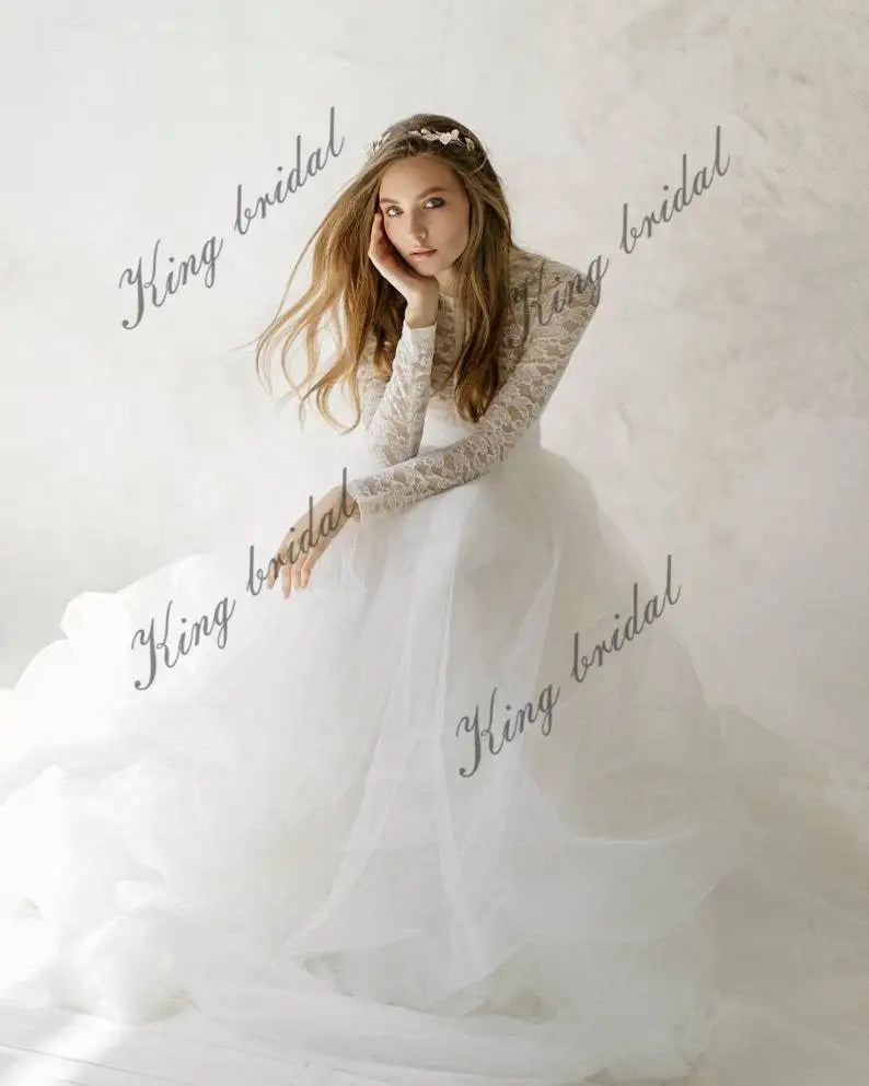 Off white tulle wedding dress lace wedding gown bohemian bridal separates Two piece  simple wedding dresses