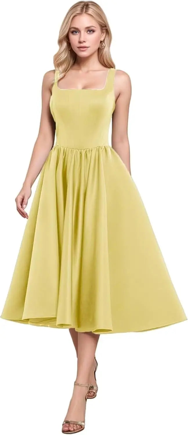 A-Line Pleated Tea-Length Satin Homecoming Dress,Spaghetti Straps Ruffled Formal Prom Dress Party Gown for Women