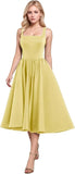 A-Line Pleated Tea-Length Satin Homecoming Dress,Spaghetti Straps Ruffled Formal Prom Dress Party Gown for Women