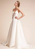 Women's Straps Backless Long Dresses Satin Sleeveless Train Homecoming Prom Evening Party Gowns with Pockets bridal dress