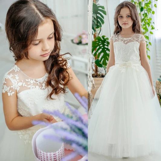 Apliques color marfil con vuelo y cinturón de lazo, sin mangas, para bodas, fiestas de cumpleaños, banquetes, vestidos de primera comunión y vestidos de niña de las flores. 