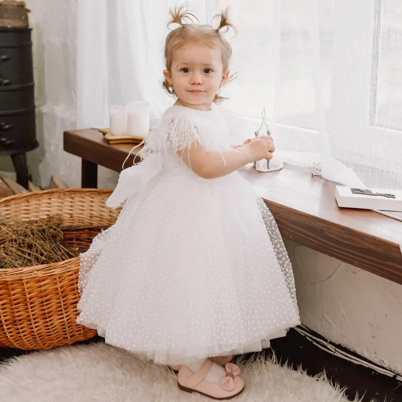 Party Birthday Holy Communion Gowns Flower Girl Dresses White Tulle Wave Point Skirt With Bow Feather Sleeve For Wedding