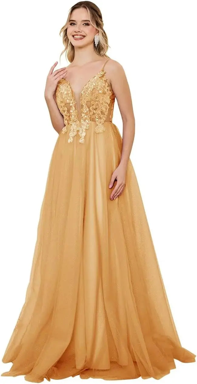Vestidos de fiesta de tul con escote en V profundo para mujer, tirantes finos, apliques de encaje, vestidos de noche largos de corte A 