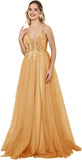 Vestidos de fiesta de tul con escote en V profundo para mujer, tirantes finos, apliques de encaje, vestidos de noche largos de corte A 