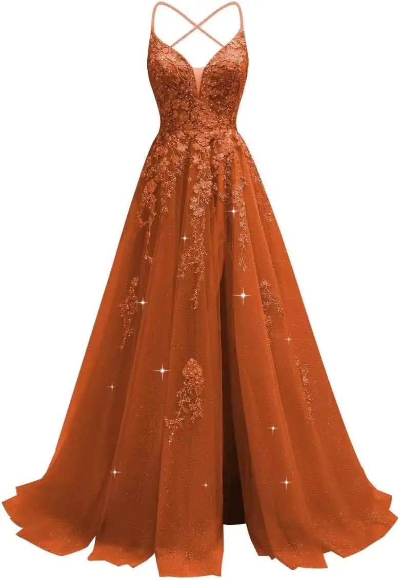 Tüll-Spitzen-Applikationen, Ballkleid, langes Ballkleid für Damen, Spaghettiträger, Korsett, rückenfreies Abendkleid 