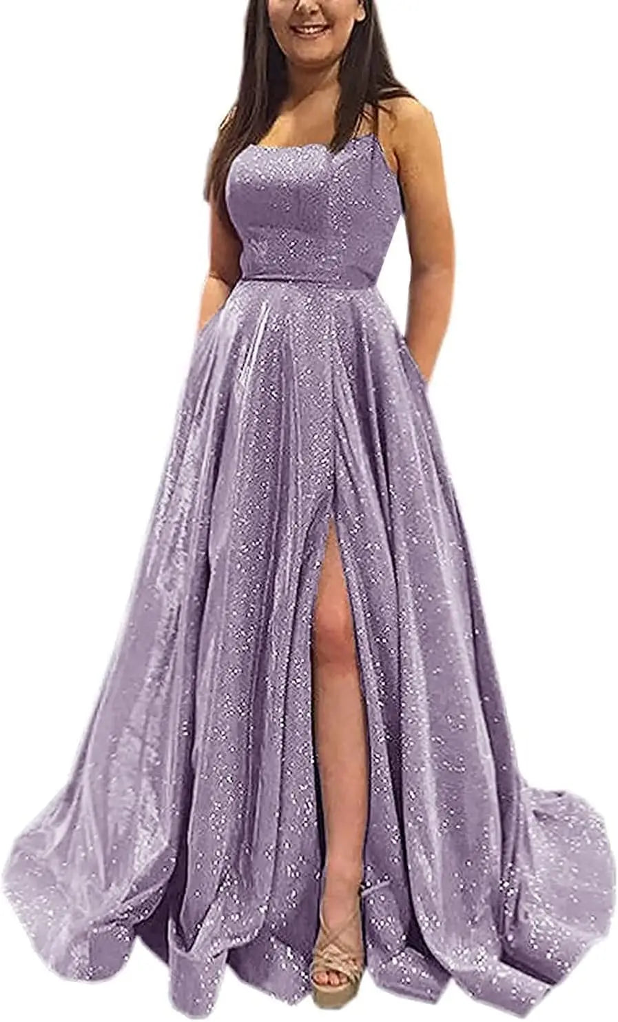 Vestidos de fiesta con purpurina para mujer, 2025, con tirantes finos abiertos, largos, formales, para noche, boda, fiesta, baile, con bolsillos 