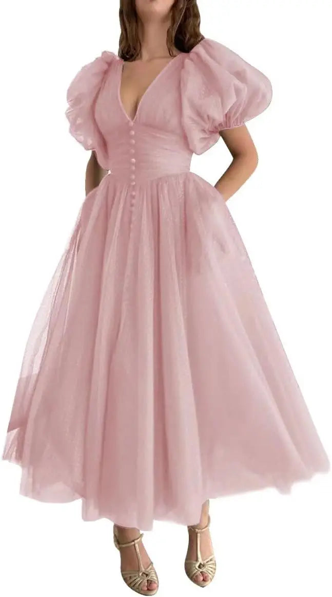 Puffy Sleeve Prom Dresses for Women Dotted Tulle V Neck Formal Evening Party Gowns Tea Length Bridesmaid Dresses