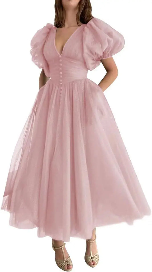 Puffy Sleeve Prom Dresses for Women Dotted Tulle V Neck Formal Evening Party Gowns Tea Length Bridesmaid Dresses