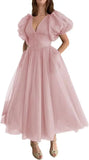 Puffy Sleeve Prom Dresses for Women Dotted Tulle V Neck Formal Evening Party Gowns Tea Length Bridesmaid Dresses