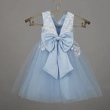 Vestidos de comunión para fiesta de cumpleaños, vestidos de niña de las flores de tul azul cielo, apliques de flores blancas con lazo, sin mangas para boda 