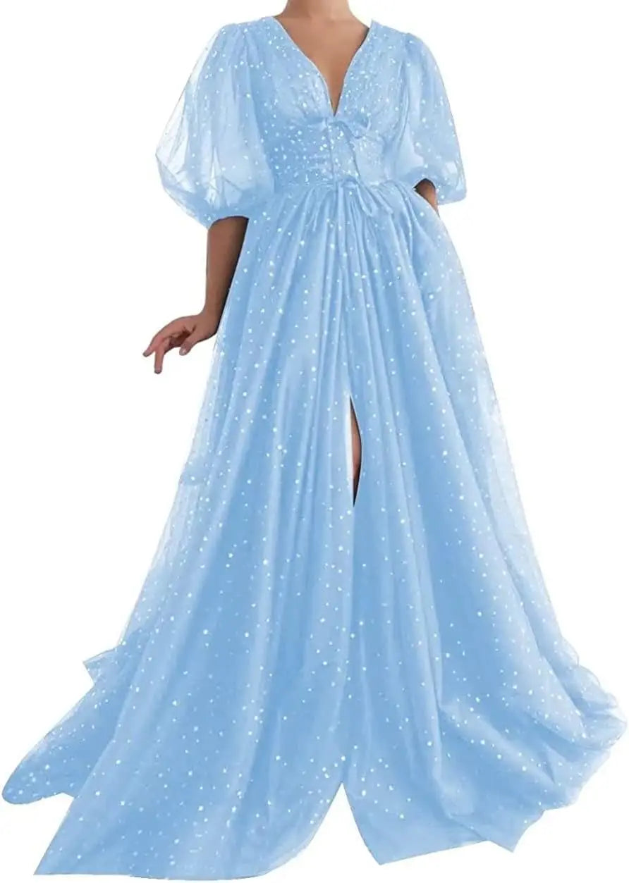 Vestidos de fiesta formales de noche largos de talla grande con mangas abullonadas de tul estrellado brillante para mujer con abertura 