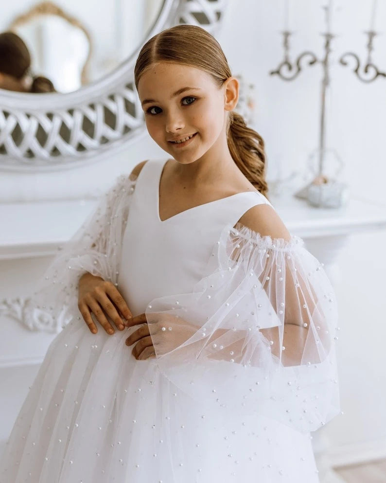 Tüll Schleife Perle Blumenmädchen Kleider Tutu Tüll Satin Junior Brautjungfer Baby Festzug Kleid für Mädchen Ballkleid Party und Hochzeit 