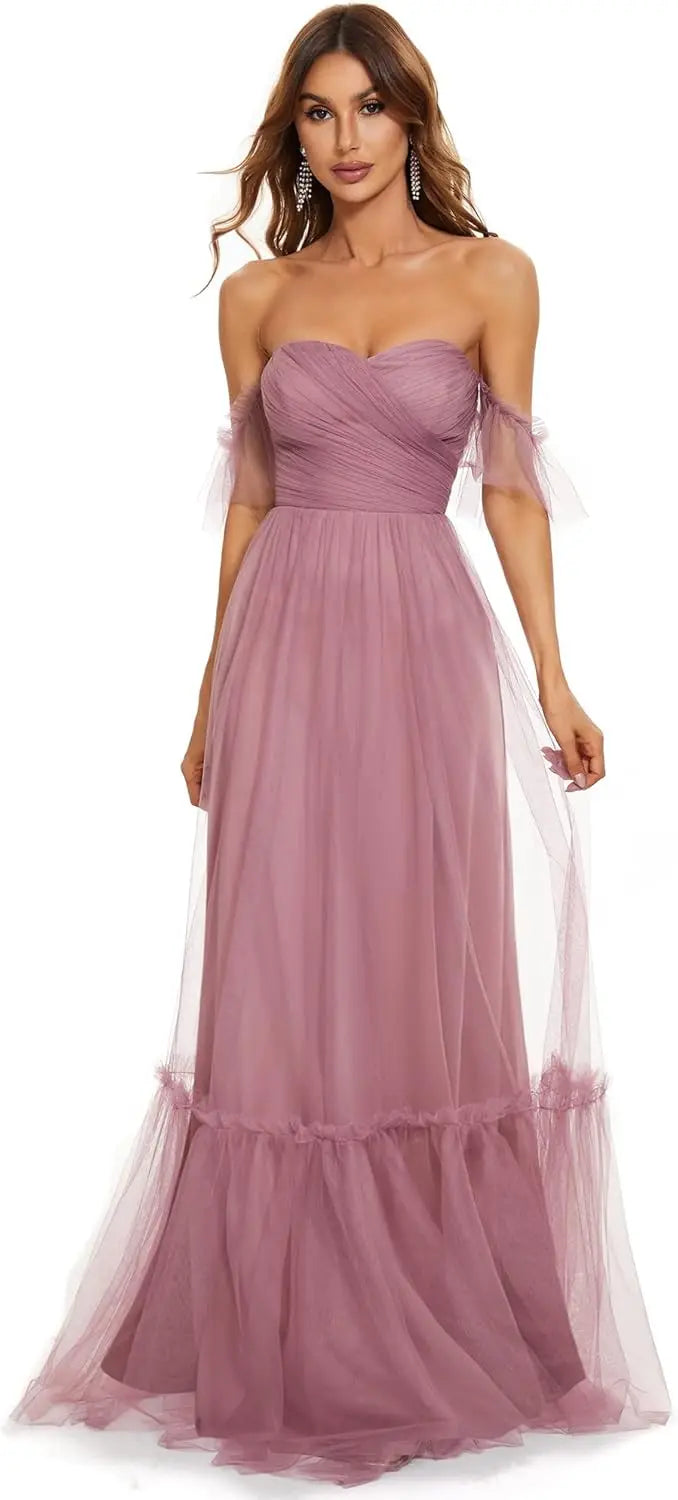 Women's Formal Dress Sweetheart Off-Shoulder Ruched Tulle Maxi Bridesmaid Dresses elegant dress women for wedding party