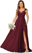 Women's Cap Sleeves Chiffon Bridesmaid Dresses Long with Pockets Ruffle Formal Evening Dresses with Slit Wedding Party Gowns