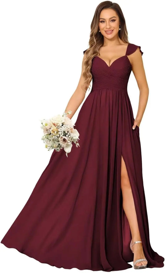 Women's Cap Sleeves Chiffon Bridesmaid Dresses Long with Pockets Ruffle Formal Evening Dresses with Slit Wedding Party Gowns