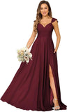 Women's Cap Sleeves Chiffon Bridesmaid Dresses Long with Pockets Ruffle Formal Evening Dresses with Slit Wedding Party Gowns