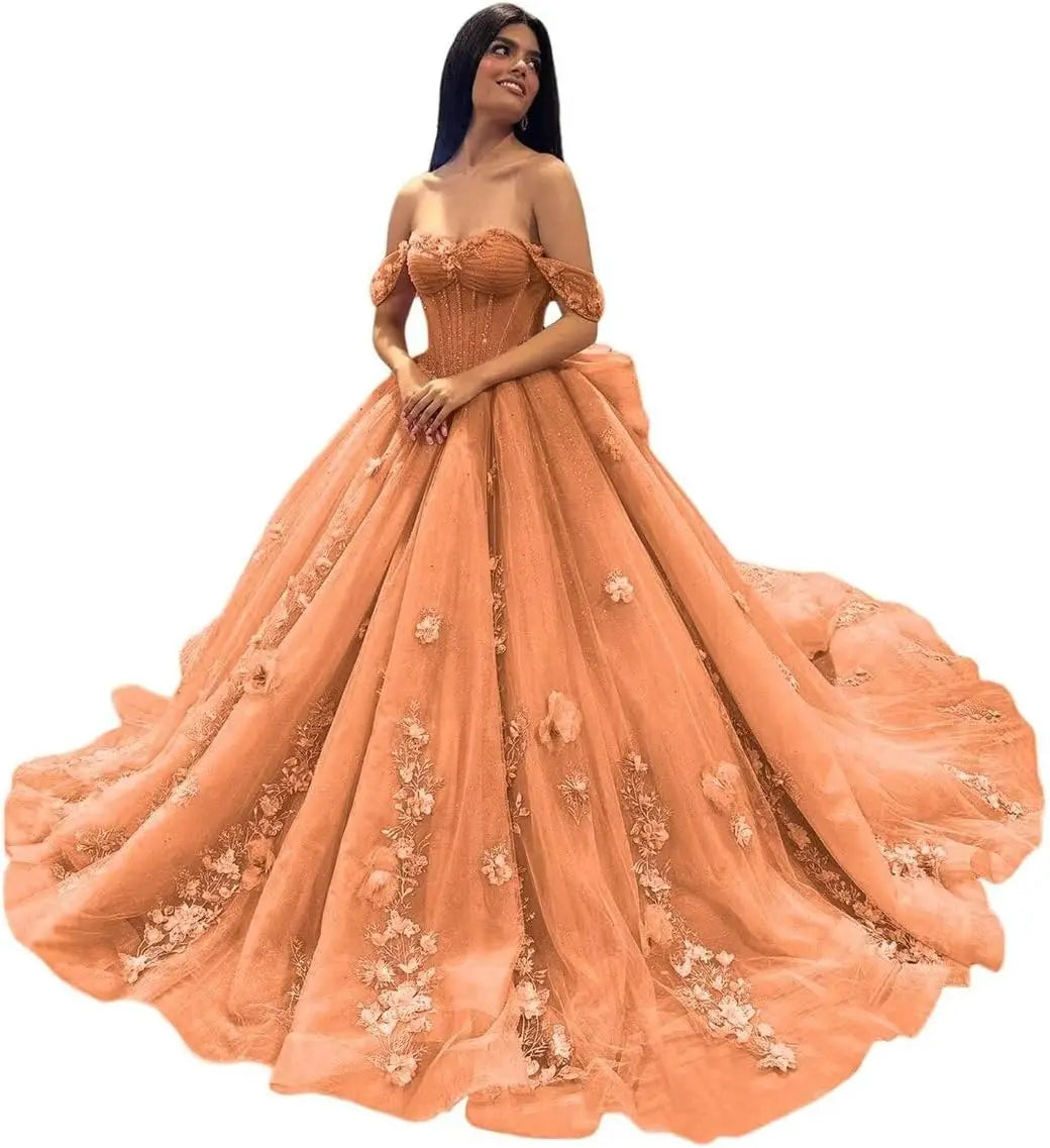 3D Floral Quinceanera Dresses Lace Beaded Party Gowns Off Shoudler Tulle Ball Gown for Sweet 15 16 Dresses