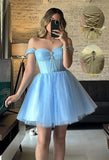 Vestidos de fiesta de tul brillante con hombros descubiertos, vestidos de fiesta cortos para adolescentes, vestido de cóctel de corte A con escote en forma de corazón y vuelo. 