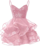 Vestidos de fiesta de tul para adolescentes, con tirantes finos y lentejuelas, vestidos de fiesta cortos, minivestidos de cóctel en capas, vestidos de dama de honor 