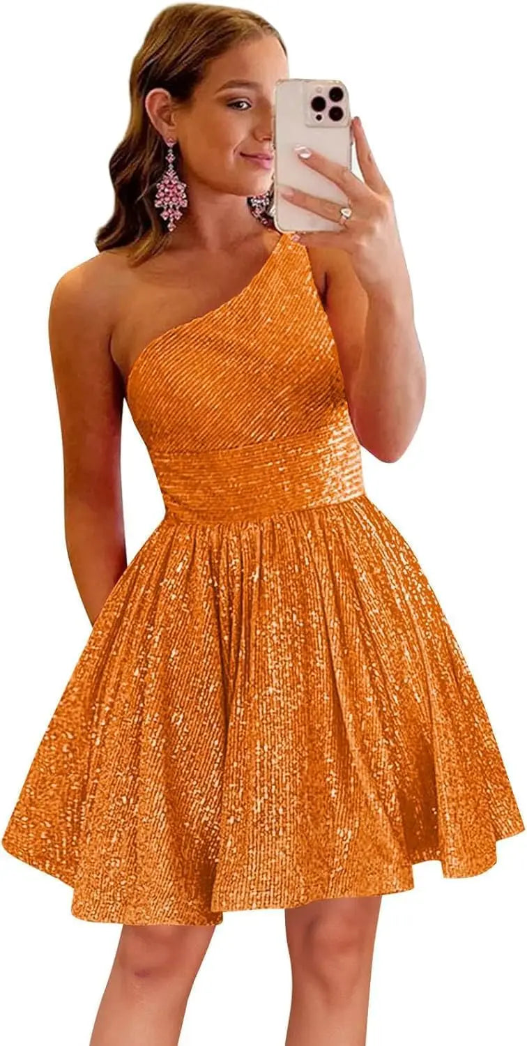 Vestido de fiesta corto con lentejuelas y un hombro brillante para mujeres y niñas. 