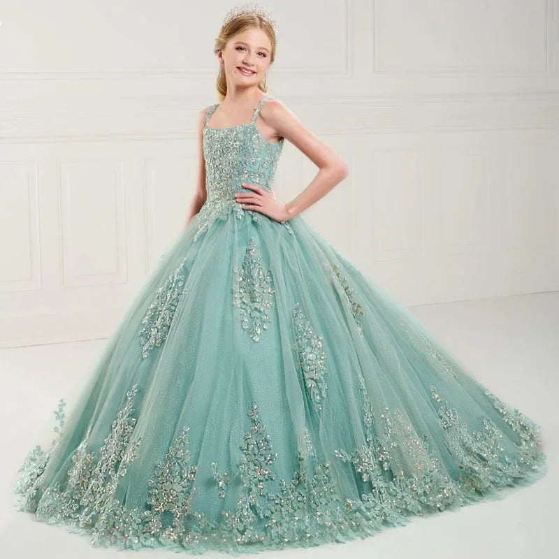 Apliques de flores de tul verde claro sin mangas para bodas, graduaciones, fiestas de cumpleaños, banquetes, vestidos de princesa, vestidos de niña de las flores 