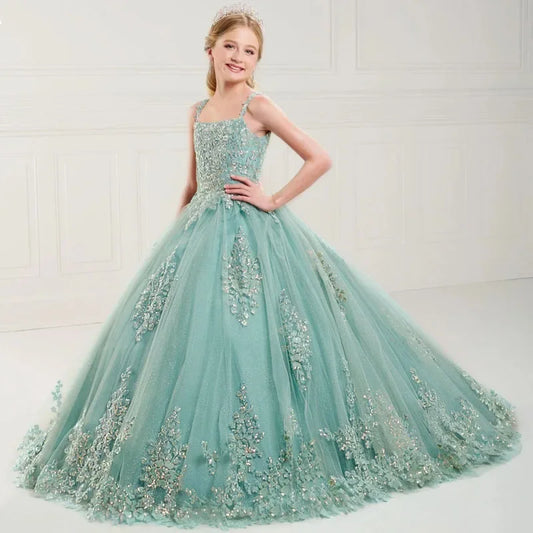 Apliques de flores de tul verde claro sin mangas para bodas, graduaciones, fiestas de cumpleaños, banquetes, vestidos de princesa, vestidos de niña de las flores 
